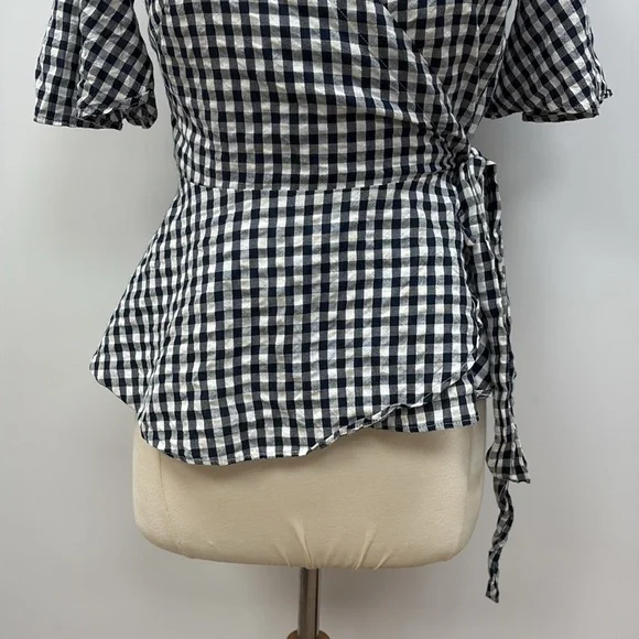 Ann Taylor LOFT Gingham Plaid Surplice V-Neck Wrap Woven Blouse Preppy Navy XS - Picture 4 of 10